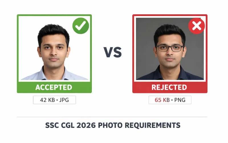 Correct SSC CGL photo vs rejected photo 2026 — white background accepted, dark background with glasses rejected