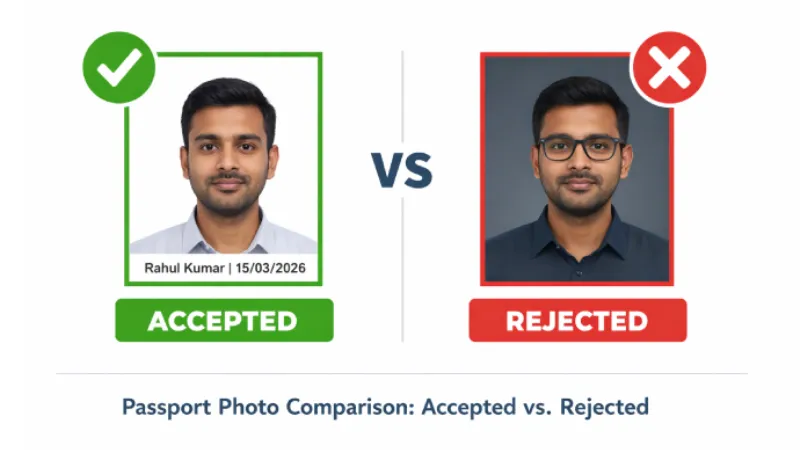 Correct UPSC passport photo vs rejected photo 2026 — white background with name and date accepted, dark background rejected