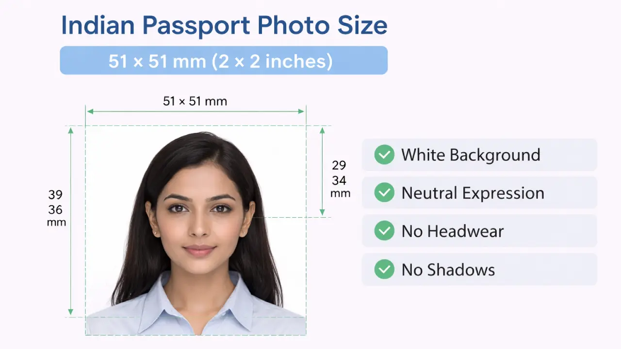 Indian passport photo size 51x51 mm example with official measurement dimensions